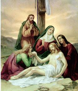Jesus es bajado de la cruz y puesto en los brazos de su madre